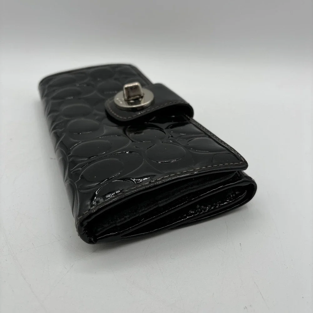 Coach‎ Black Patent Leather Signature C Embossed Turnlock Slim Long Wallet